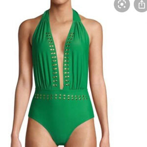 NWT YMI green studded plunging neckline one piece swim suit Kelly green